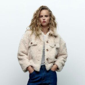 ZARA NWT Ecru Cream Cozy Shearling Oversized Jacket NEW Women Size M